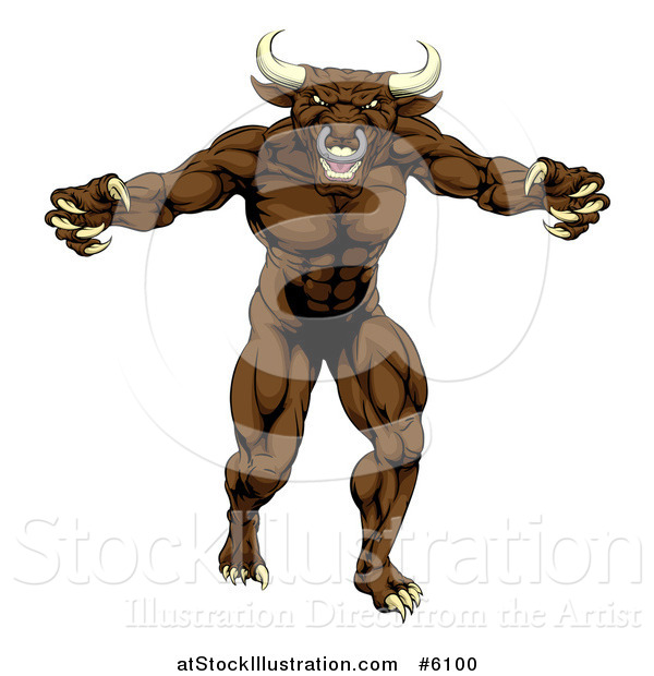 Vector Illustration of a Snarling Brown Bull Man Monster Mascot Attacking