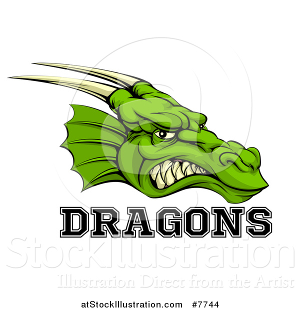 Vector Illustration of a Snarling Green Horned Dragon Mascot Face with Text