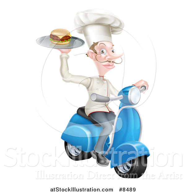Vector Illustration of a Snooty White Male Chef with a Curling Mustache, Holding a Gourmet Cheeseburger on a Tray and Driving a Scooter