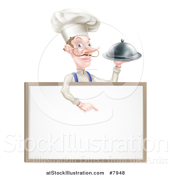 Vector Illustration of a Snooty White Male Chef with a Curling Mustache, Holding a Silver Cloche Platter and Pointing down over a Blank Menu Sign