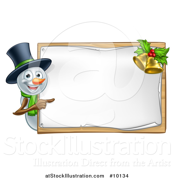 Vector Illustration of a Snowman Wearing a Christmas Top Hat and Pointing Around a Blank Sign with Bells