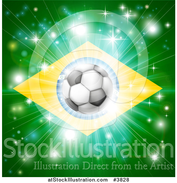 Vector Illustration of a Soccer Ball over a Brazilian Flag with Fireworks