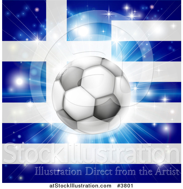 Vector Illustration of a Soccer Ball over a Greek Flag with Fireworks