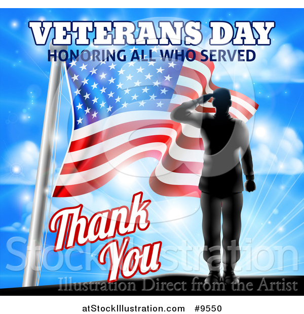 Vector Illustration of a Solder Saluting on Veterans Day Beside an American Flag over a Blue Sky