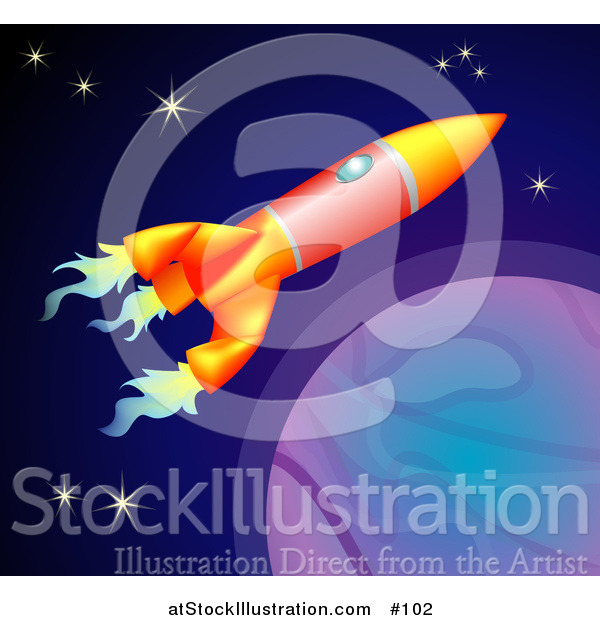 Vector Illustration of a Space Shuttle Rocket Flying past Planets and Stars in Space