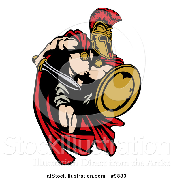 Vector Illustration of a Spartan Trojan Warrior Mascot Sprinting with a Sword and Shield
