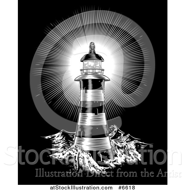 Vector Illustration of a Spiral Lighthouse and Shining Beacon Engraved on Black