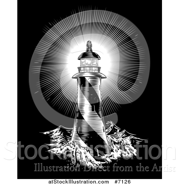 Vector Illustration of a Spiral Lighthouse and Shining Beacon Engraved on Black