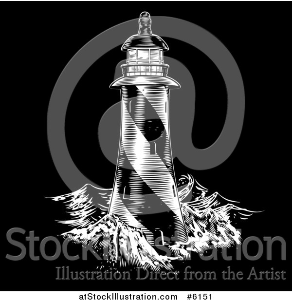 Vector Illustration of a Spiral Lighthouse Engraved on Black