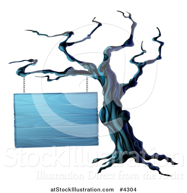Vector Illustration of a Spooky Dead Tree and Blank Wooden Halloween Sign