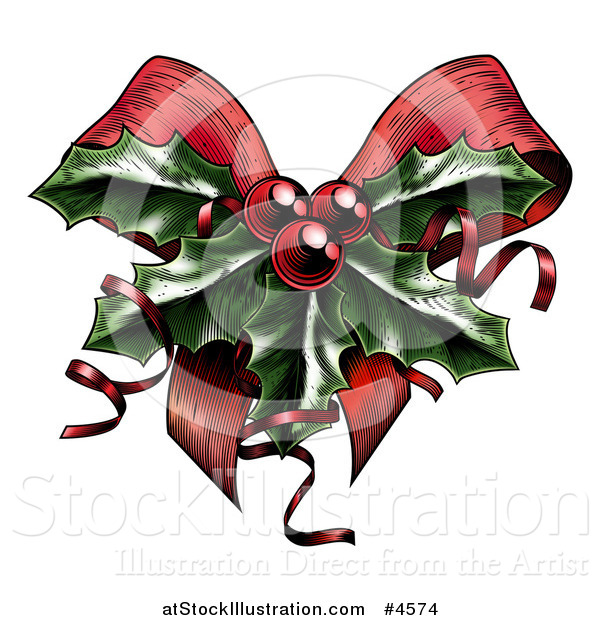 Vector Illustration of a Sprig of Christmas Holly with Red Berries and Curly Ribbons over a Bow