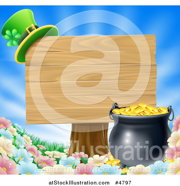 Vector Illustration of a St Patricks Day Leprechaun Hat on a Wooden Sign over a Pot of Gold and Flowers