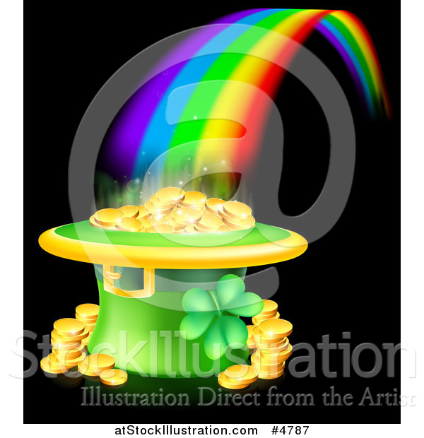 Vector Illustration of a St Patricks Day Leprechaun Hat Pot of Gold and Rainbow on Black