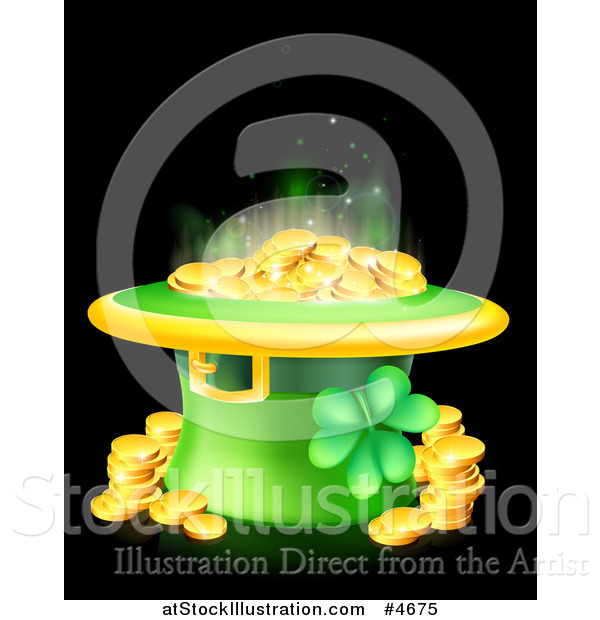 Vector Illustration of a St Patricks Day Leprechaun Hat with Shining Gold Coins and a Shamrock on Black