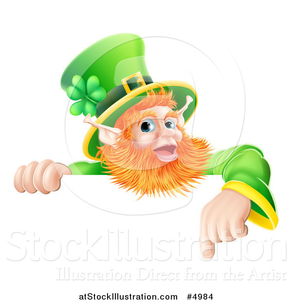 Vector Illustration of a St Patricks Day Leprechaun Pointing down to a Sign