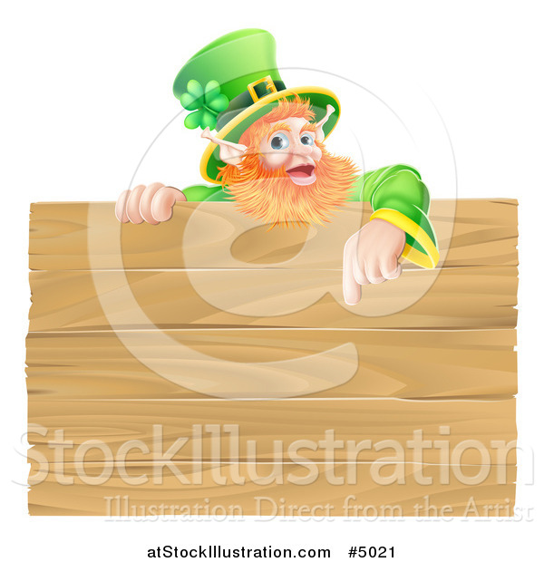 Vector Illustration of a St Patricks Day Leprechaun Pointing down to a Wooden Sign