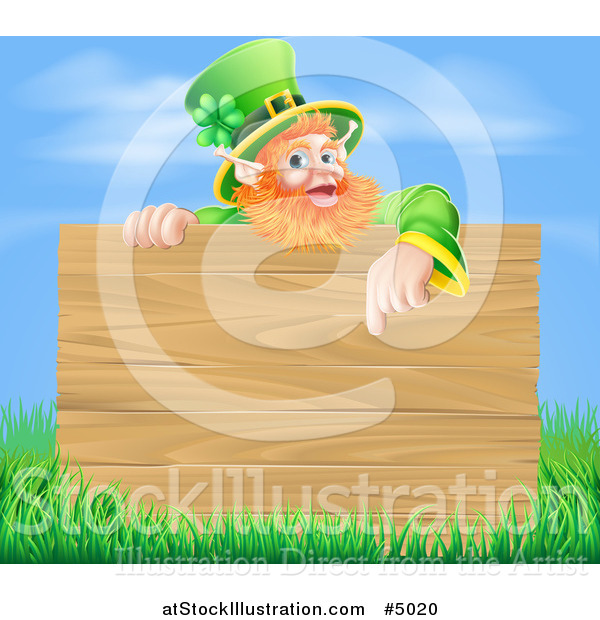Vector Illustration of a St Patricks Day Leprechaun Pointing down to a Wooden Sign over Grass and Sky