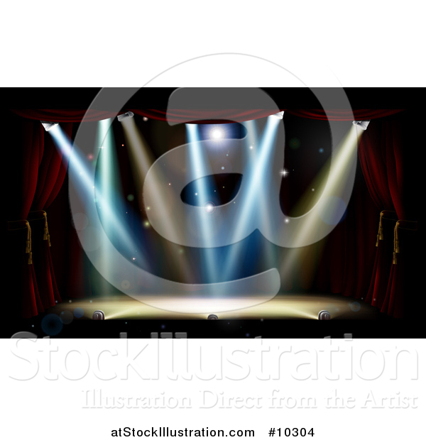 Vector Illustration of a Stage with Footlights and Spotlights, Framed with Red Curtains