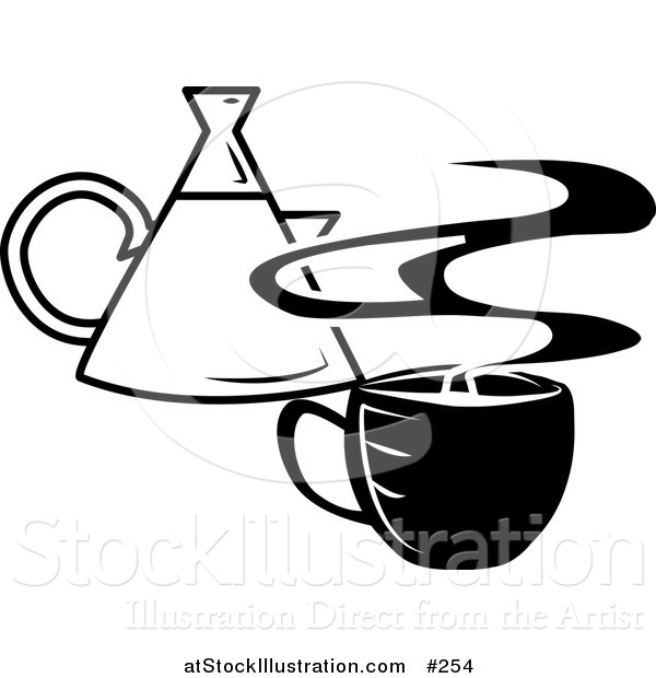 Vector Illustration of a Steaming Hot Cup of Coffee and a Coffee Pot