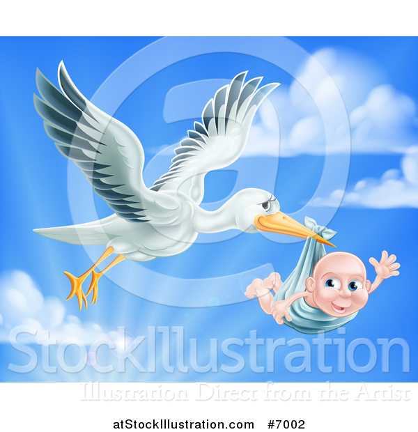 Vector Illustration of a Stork Bird Flying a Baby Boy in a Bundle Against a Blue Sky with Clouds and Sunshine