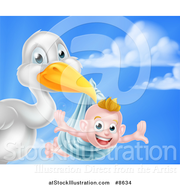 Vector Illustration of a Stork Bird Holding a Happy Baby Boy in a Blue Bundle Against Sky