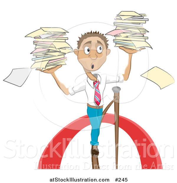 Vector Illustration of a Stressed Businessman Carrying Stacks of Papers While Walking on a Tightrope