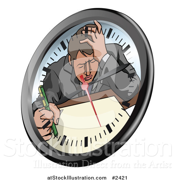 Vector Illustration of a Stressed Businsesman Trying to Meet a Deadline on a Clock Face