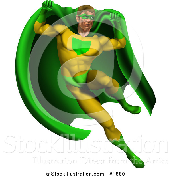 Vector Illustration of a Strong Male Super Hero Jumping in a Green and Yellow Suit