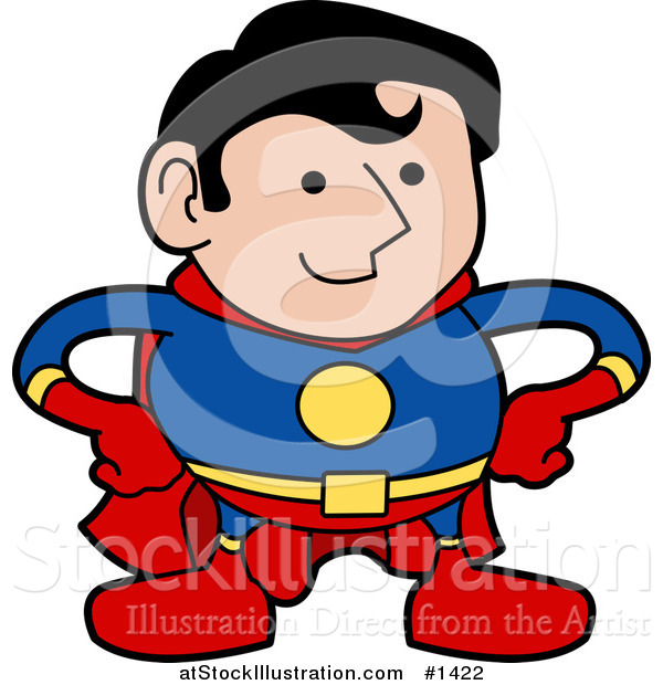 Vector Illustration of a Strong Super Hero Man in a Red, Yellow and Blue Uniform, Standing with His Hands on His Hips