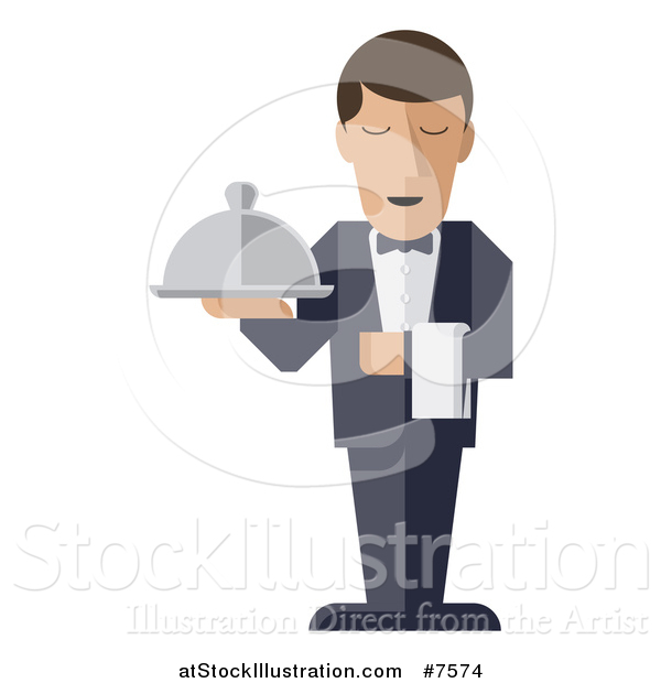 Vector Illustration of a Stylized Male Waiter with a Curling Mustache, Standing with a Napkin Draped over His Arm and a Cloche Platter in Hand