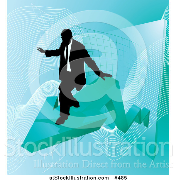 Vector Illustration of a Successful Businessman Riding on a Blue Arrow As Revenue Increases