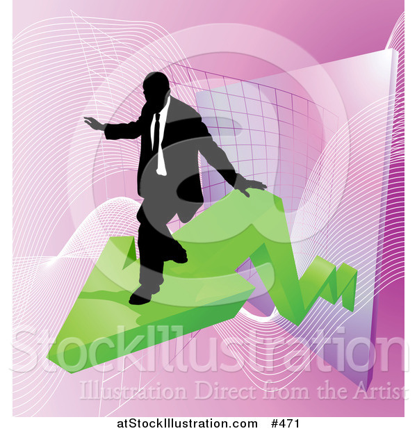 Vector Illustration of a Successful Businessman Riding on a Green Arrow As Revenue Increases