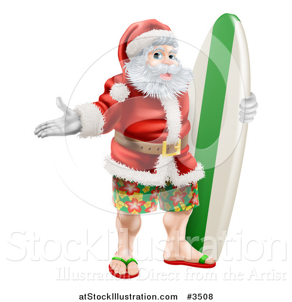 Vector Illustration of a Summer Santa with Shorts Sandals and a Surf Board