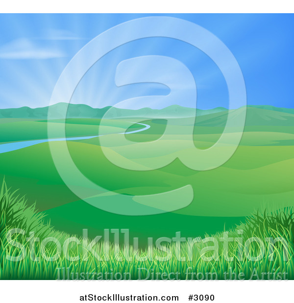 Vector Illustration of a Sun Shining over a Spring Time Landscape with Rolling Hills and a River