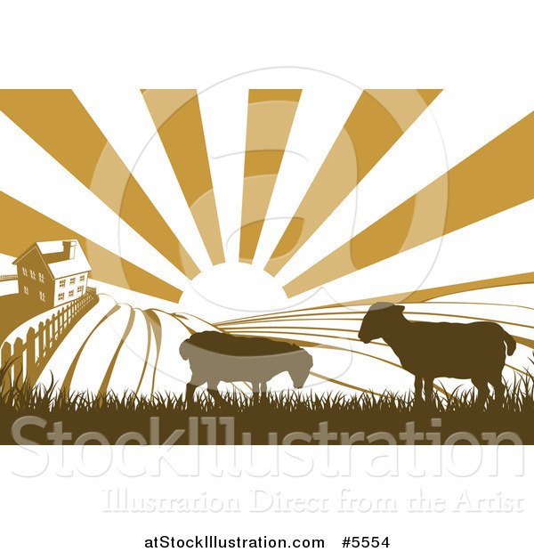 Vector Illustration of a Sunrise over a Brown Silhouetted Farm House with Sheep and Fields