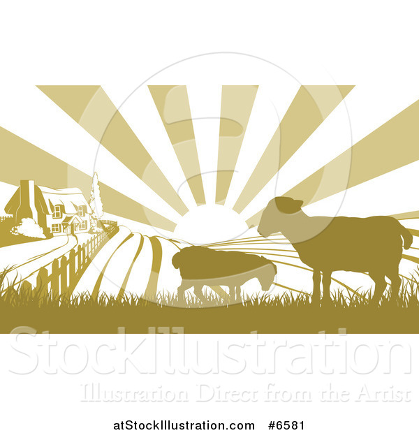 Vector Illustration of a Sunrise over a Brown Silhouetted Farm House with Two Sheep and Fields