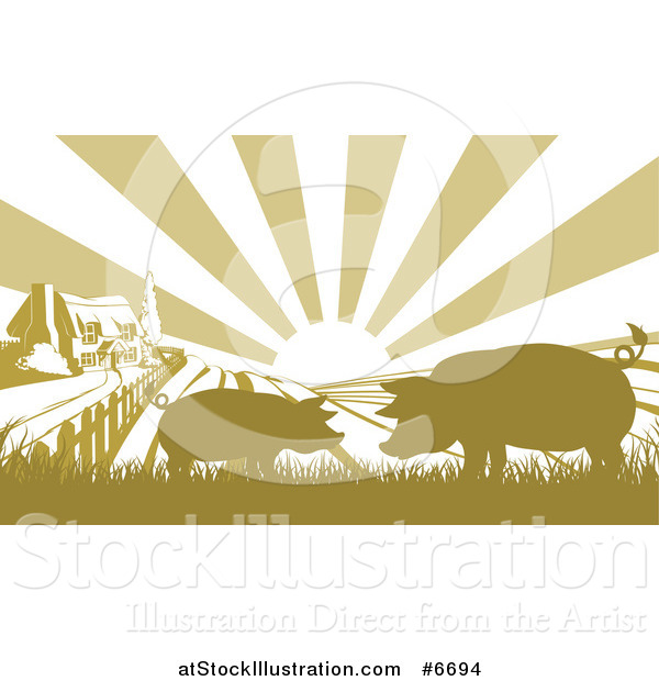 Vector Illustration of a Sunrise over a Brownish Green Farm House with Silhouetted Pigs and Fields