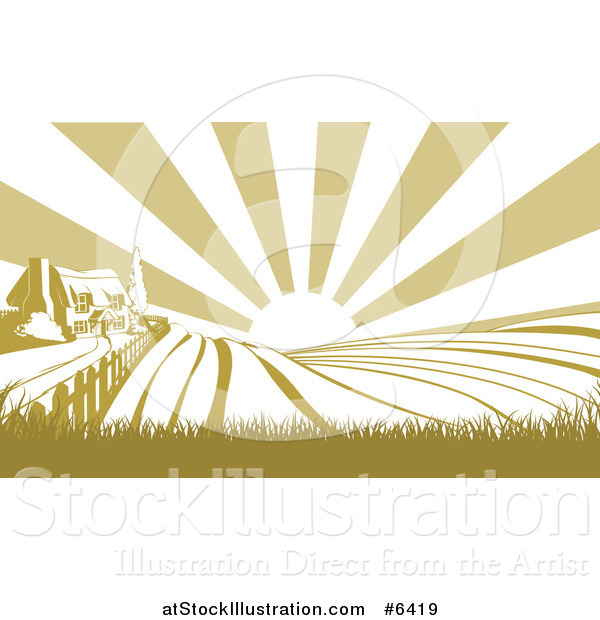 Vector Illustration of a Sunrise over a Green Silhouetted Farm House and Fields