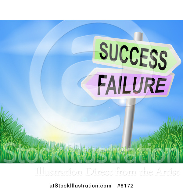 Vector Illustration of a Sunrise over Grass with 3d Failure and Success Signs