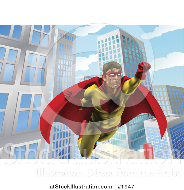 Vector Illustration of a Super Hero Man in Flight in a City