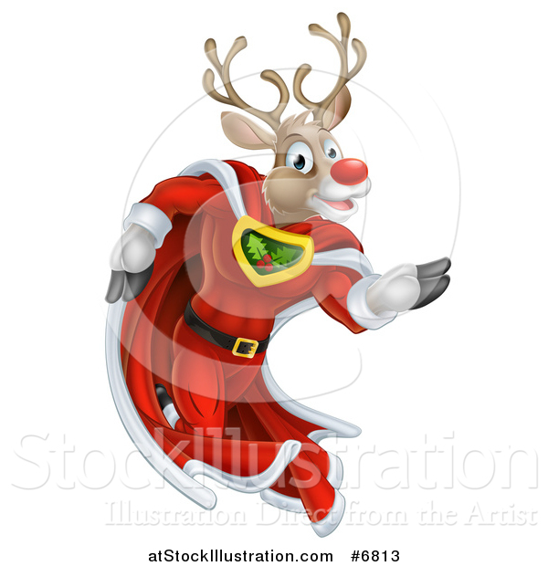 Vector Illustration of a Super Hero Rudolph Red Nosed Reindeer Running in a Cape