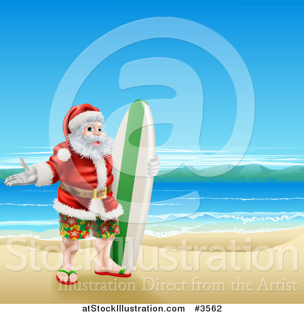 Vector Illustration of a Surfer Santa on a Beach