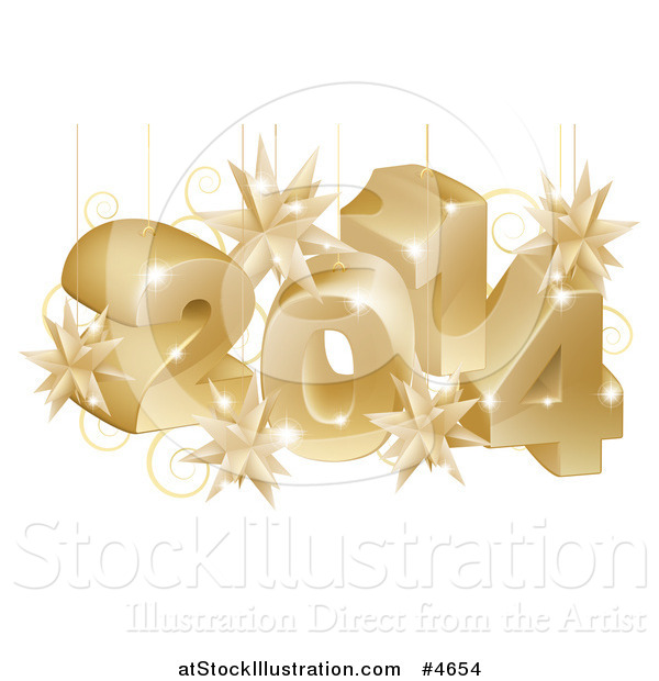 Vector Illustration of a Suspended Gold 3d 2014 New Year Numbers with Stars