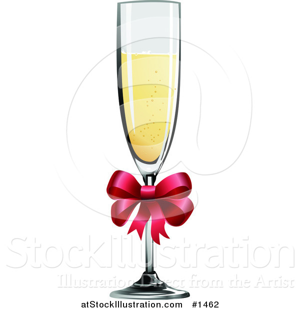 Vector Illustration of a Tall Glass Champagne Flute with Bubbly Liquor and a Red Bow