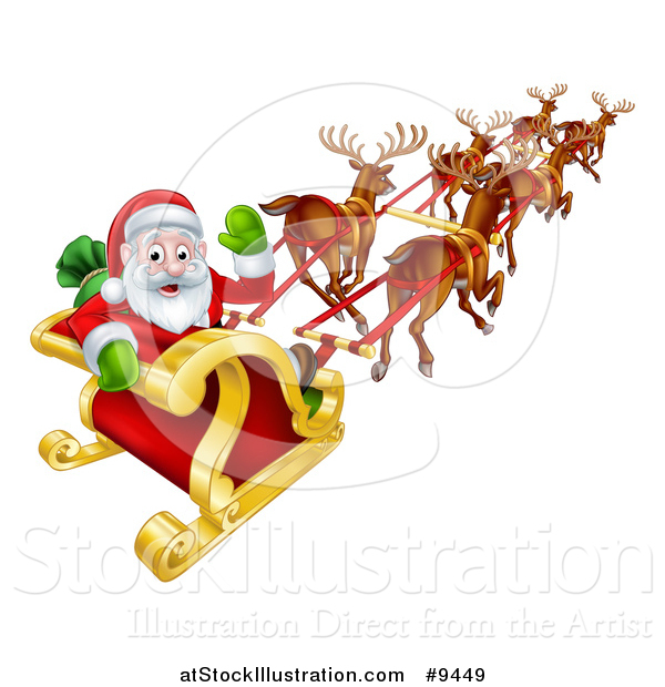 Vector Illustration of a Team of Magic Reindeer Flying Santa in a Sleigh