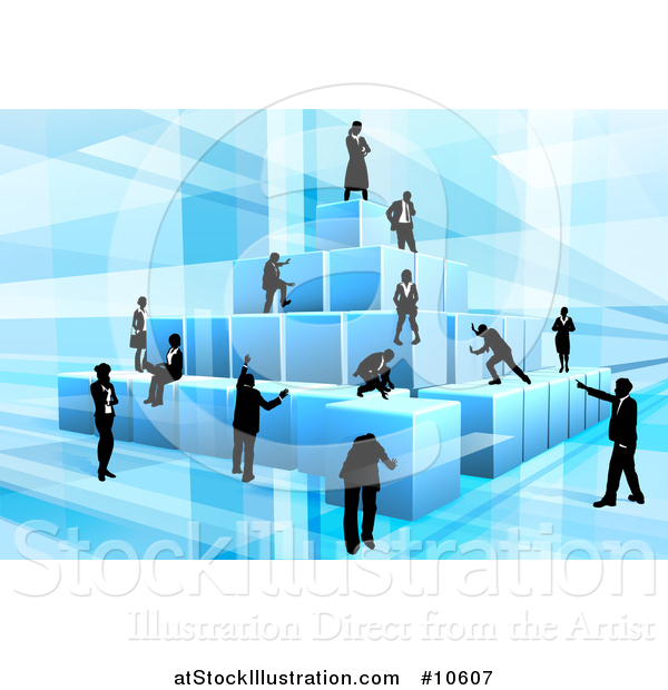 Vector Illustration of a Team of Silhouetted Business Men and Women Assembling a Pyramid of 3d Blue Cubes, on Blue