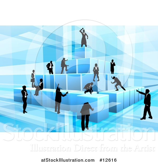 Vector Illustration of a Team of Silhouetted Business Men and Women Assembling a Pyramid of 3d Blue Cubes, on Blue