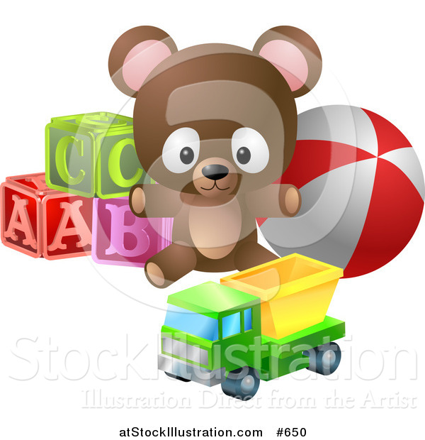 Vector Illustration of a Teddy Bear with Alphabet Blocks, a Ball and a Truck Toy
