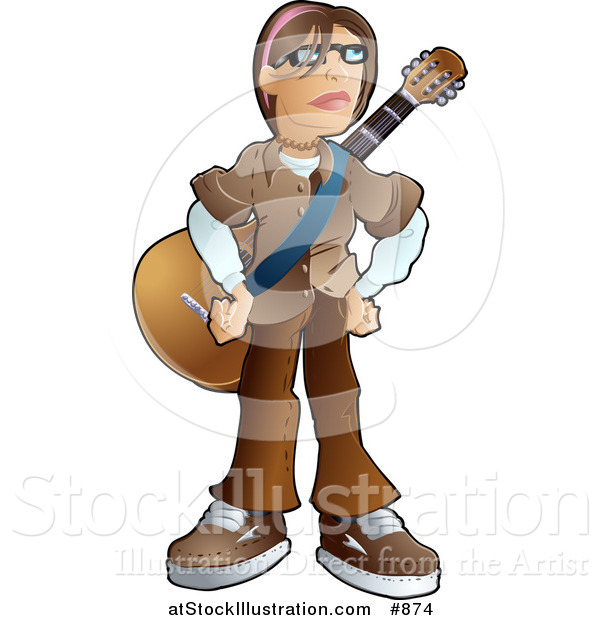 Vector Illustration of a Teenage Caucasian Emo Boy Wearing a Brown Clothes and Standing with a Guitar Strapped Around His Chest