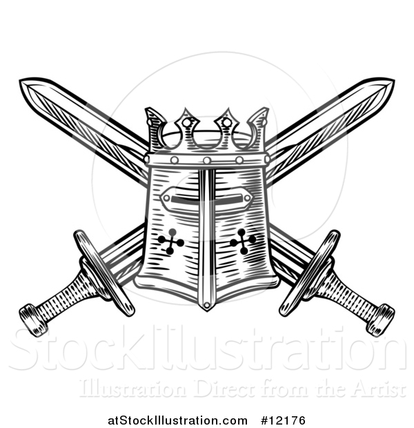 Vector Illustration of a Templar or Knights Great Helm Helmet and Crossed Swords